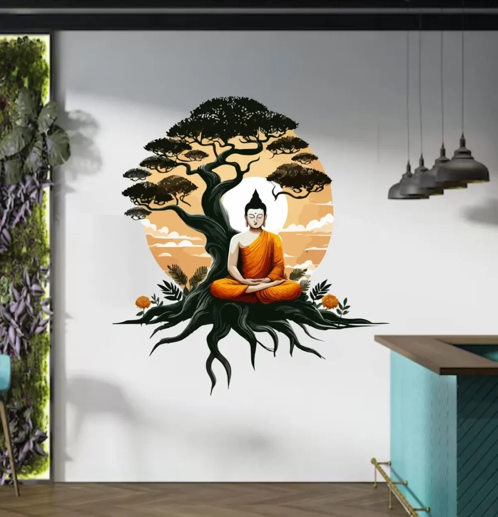 Buddha Sitting Under A Bodhi Tree Printed Self Adhesive Vinyl Wall Sticker | For Home & Bedroom Decoration - Image 3