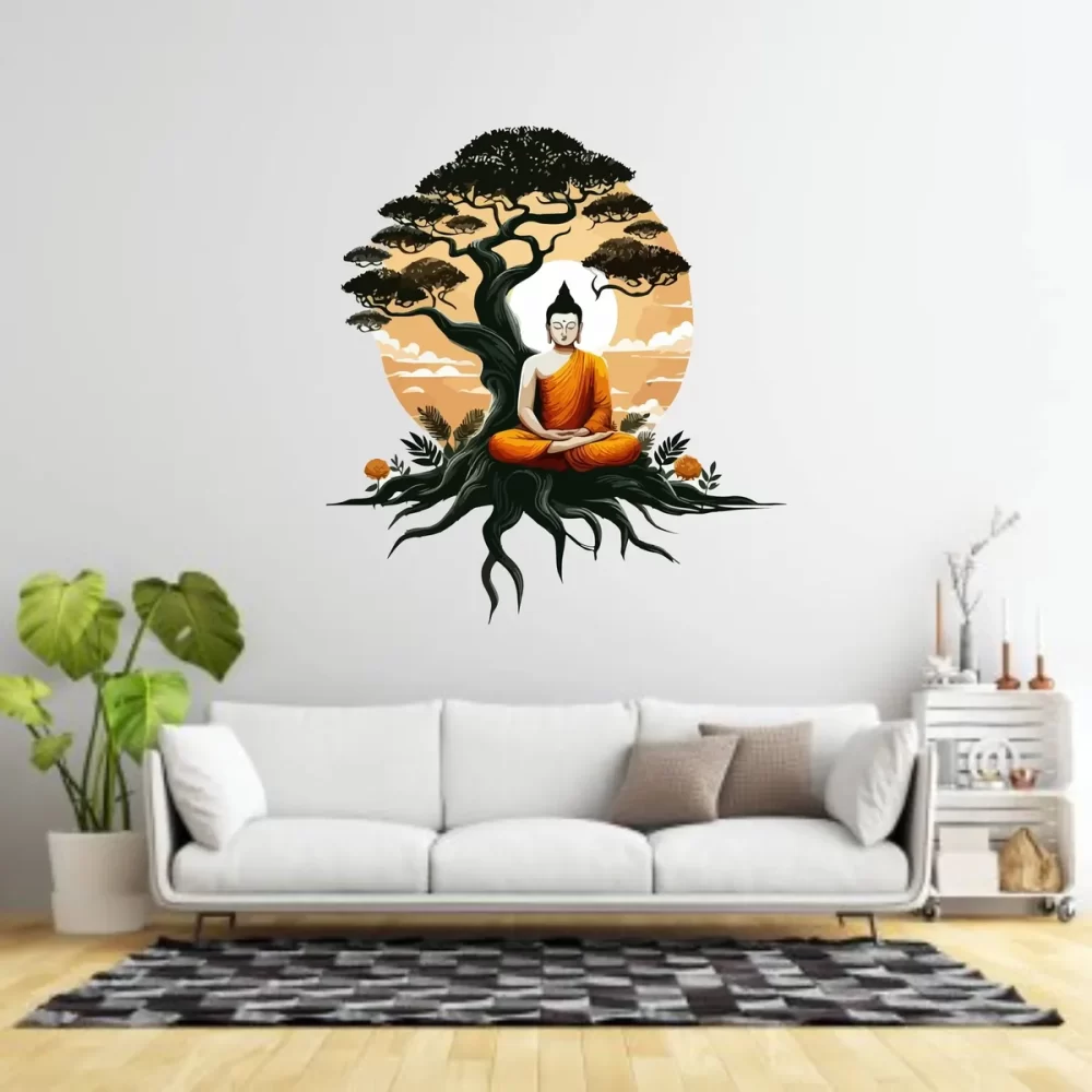 Buddha Sitting Under A Bodhi Tree Printed Self Adhesive Vinyl Wall Sticker | For Home & Bedroom Decoration - Image 4